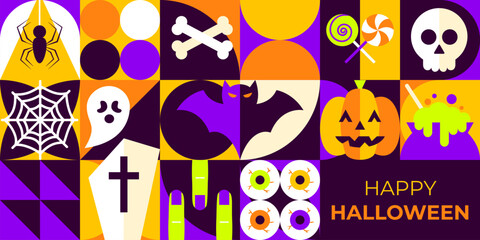 Geometrical Happy Halloween Banner. Vector Illustration of Flat Style. Trick or Treat. Scary Party Concept.