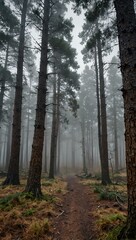 Foggy winter morning in a pine forest.