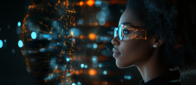 A side profile of a Black African American female IT professional deeply engaged in analyzing complex data sets. Augmented reality overlays illustrate various cyber threats, creati