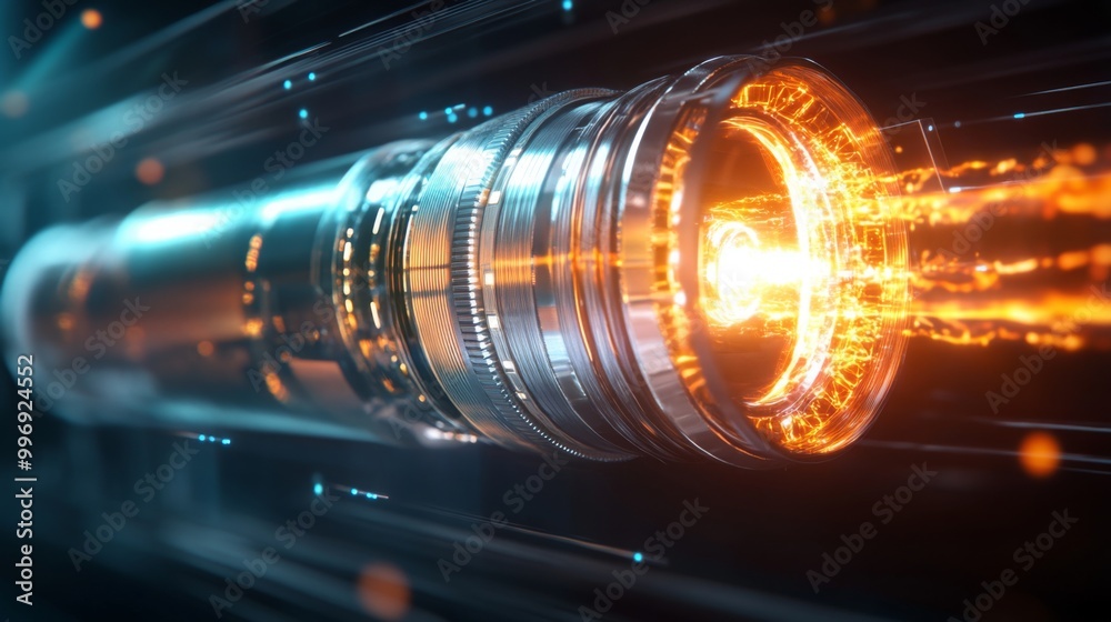 Leinwandbilder a glowing, futuristic device with an orange and black color scheme appears to be firing a beam of en