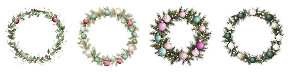 Four floral wreaths displayed against a black background, featuring various colors and arrangements of flowers, ideal for decoration or design inspiration.
