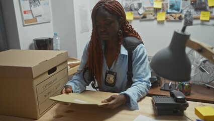 African american policewoman analyzing records in a cluttered detective office room