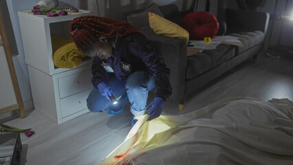 African american woman investigator analyses a bloodied sheet at an indoor crime scene