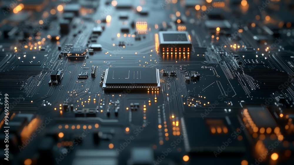 Poster a closeup view of a circuit board reveals intricate electronic components and sharp details, showcas