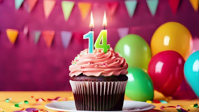 Birthday cupcake with burning lit candle with number 14. Number fourteen for fourteen years or fourteenth anniversary.