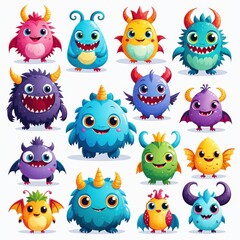 Naklejka premium A colorful collection of cute, cartoon-style monsters with various features and expressions.