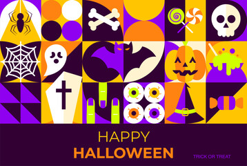 Geometrical Happy Halloween Banner Concept. Vector Illustration of Flat Style. Trick or Treat. Scary Party Concept.