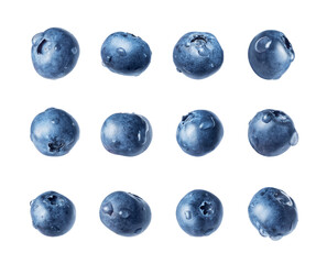 Set of blueberries with dew drops isolated on a white background