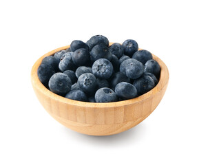 Wooden bowl with fresh blueberry on white background