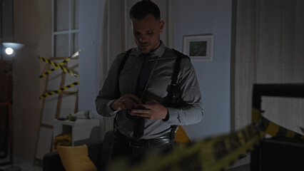 Detective man investigating crime scene with caution tape in a dimly lit living room