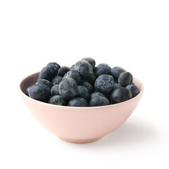 Bowl with ripe blueberry isolated on white background