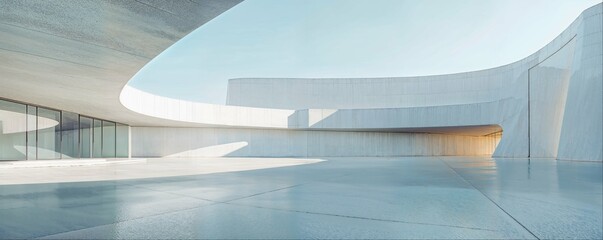 Empty minimal abstract architecture building interior or exterior concrete design open space floor courtyard white showcase area and curved walls museum, display showroom mockup environment background