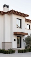 A freshly installed black downspout is prominently featured at the corner of a roof covered with dark tiles, set against a bright blue sky backdrop