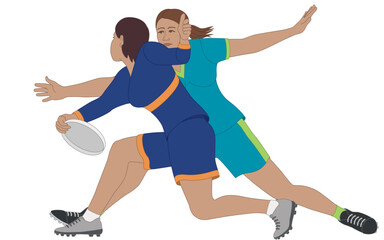 Fototapeta premium ultimate frisbee, female player intercepting opposing team player from throwing disk isolated on a white background