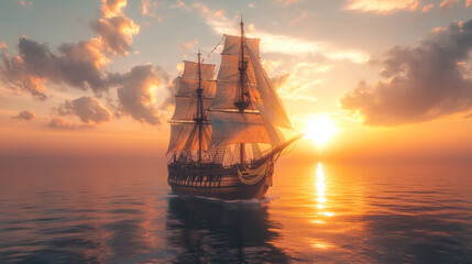 Obraz premium A majestic sailing ship glides across calm waters at sunset, creating a serene atmosphere beneath a colorful sky