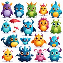 Naklejka premium A colorful collection of cute, cartoonish monsters with various features and expressions.