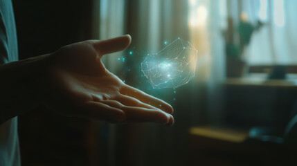 hand holds detailed digital object that appears to float, surrounded by glowing particles. scene conveys sense of wonder and innovation in softly lit room
