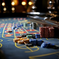 Casino roulette table with chips and cards. Blurred background