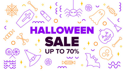 Green Haloween Sale Line Banner. Vector Illustration of Outline and Contour Style. Trick or Treat. Scary Party. Discount Up to 70 percent Promotion.