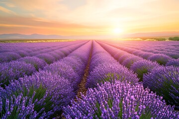 Obraz premium Lavender field rows leading to warm sunset over mountains
