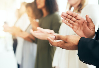 Hands, business and people with applause in row at office in seminar with congratulations as crowd. Employees, conference and closeup of clapping for success, winning and well done as audience