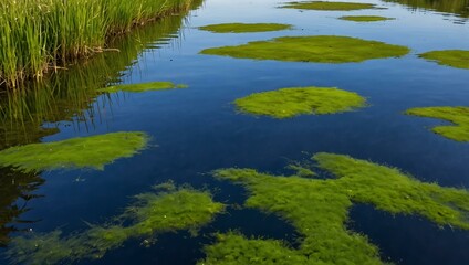 Green algae reflecting blue skies on a lake surface.