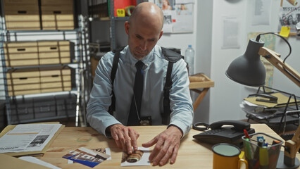 Bald man with beard in detective's office analyzing evidence, surrounded by files, photos, and documents.