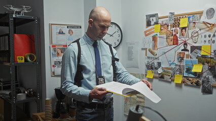 Bald man detective analyzing documents in a cluttered police station with evidence board.