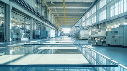 Fototapeta premium glass production plant, with sheets of glass being processed through large, automated machines