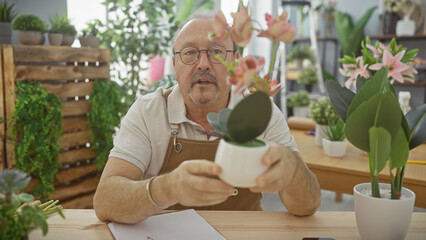 A mature man is arranging potted flowers in a bright florist shop with plants in the background.