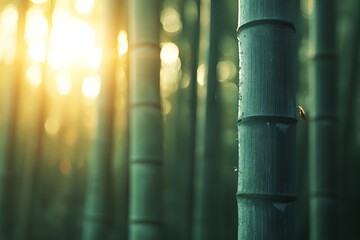 Warm light illuminating trunks in a bamboo forest