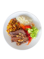 plate of food with rice, beans, salad and meat, healthy food, feijoada, pork rind, pancetta