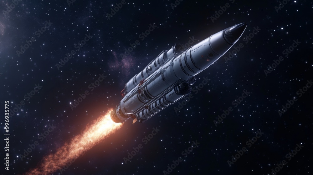 Aufkleber a powerful rocket propels itself forward, leaving a trail of bright flames as it ascends into the va