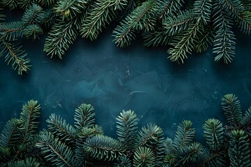 Lush Green Pine Branches on Dark Textured Background for Holiday Decoration or Seasonal Design