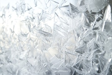 Crystallized frost texture on a windowpane, capturing intricate, sharp edges