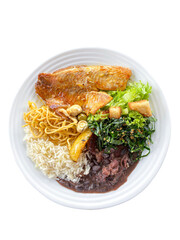 plate of food with rice, beans, salad and meat, healthy food, feijoada, pork rind, pancetta