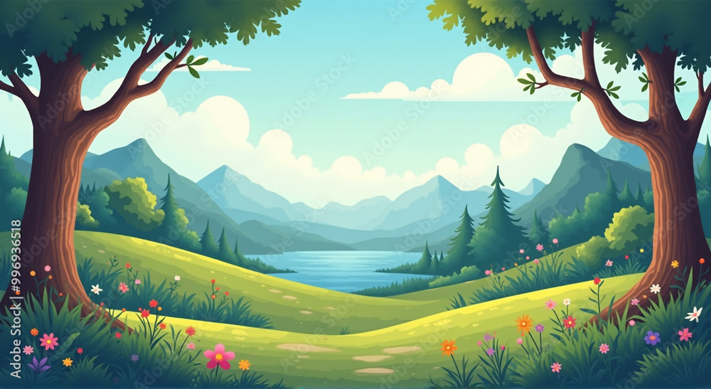 Wall mural landscape with trees and mountains