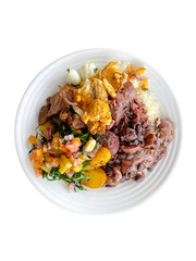 plate of food with rice, beans, salad and meat, healthy food, feijoada, pork rind, pancetta
