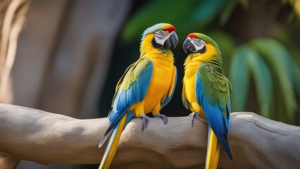Two vibrant macaws face each other on a branch interacting and vocalizing amidst naturalistic aviary surroundings with greenery in the background.