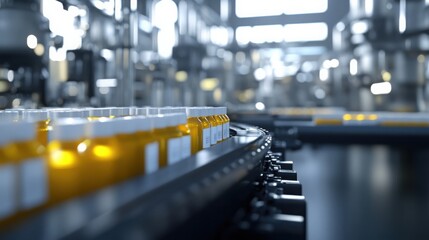 Obraz premium packaging line in a chemical production facility, where bottles and containers of chemicals are being labeled and sealed