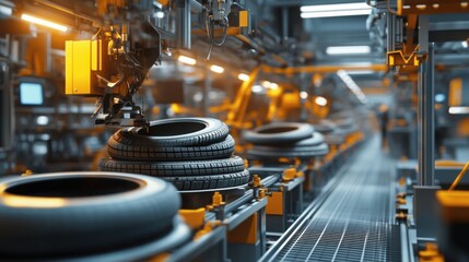 Fototapeta premium tire production line, with rubber being shaped and molded into car tires