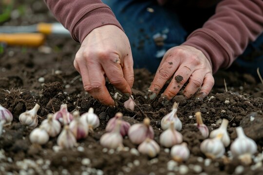 Hands planting garlic cloves in dark soil, close up view
