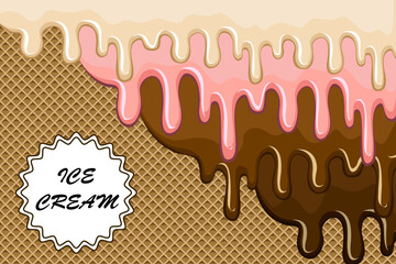 Ice cream drips on waffle background.Vector illustration with colorful drips of ice cream and chocolate on a waffle background.
