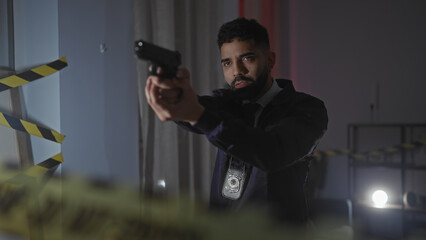 Hispanic detective aiming pistol in dimly lit crime scene indoors with badge visible.