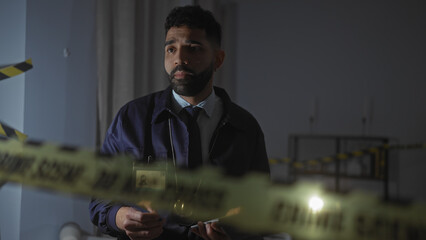 A pensive hispanic man with a beard stands indoors at a nighttime crime scene behind yellow caution...