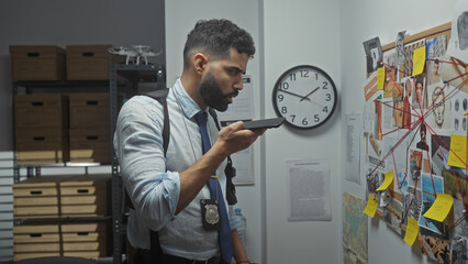 Obraz premium Hispanic detective with beard sending voice message in police station office full of investigation boards and evidence.