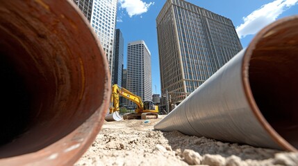 Drilling machine hauls heavy pipes and equipment across bustling construction site, set against a backdrop of half-built skyscrapers.