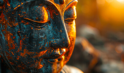 Obraz premium Ethereal Sunset Illumination on Buddha Face Close-Up, Spiritual Serenity, Buddhist Religion, Meditative Tranquility, Golden Light at Dusk