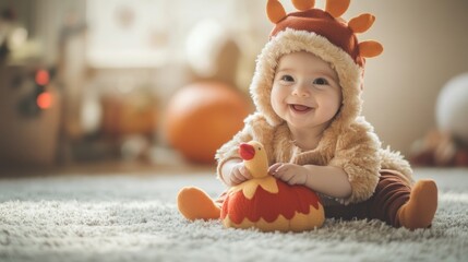 Smiling baby dressed as a turkey celebrating Thanksgiving while playing in a cozy, festive indoor setting