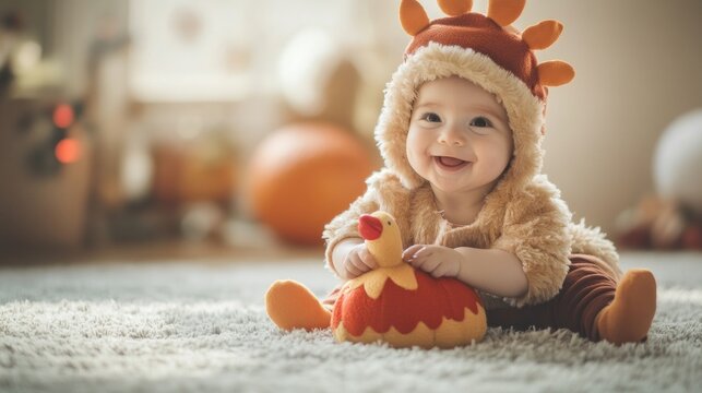 Smiling baby dressed as a turkey celebrating Thanksgiving while playing in a cozy, festive indoor setting